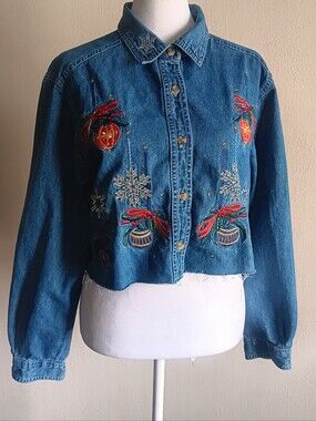 90s Vintage Denim Embroidered Cropped / Cut Holiday Button Up Shirt, Medium